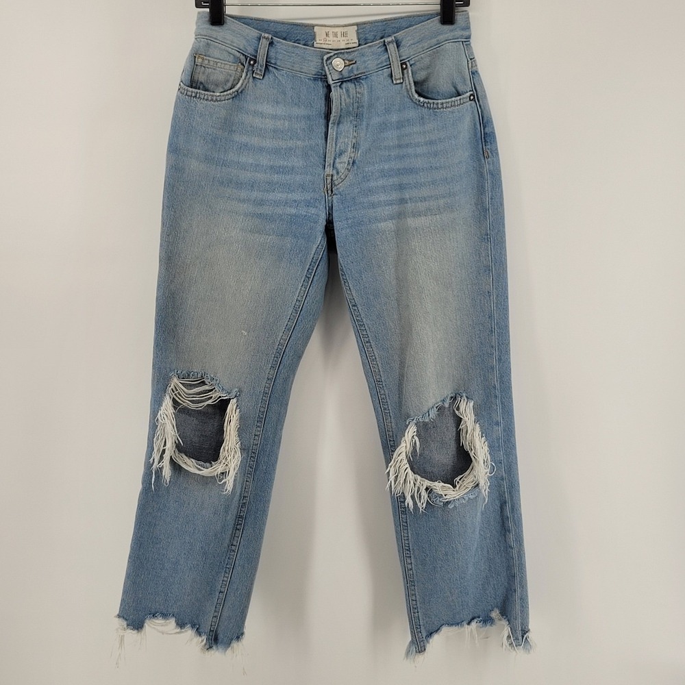 We The Free Jeans Women 25 Light Blue Distressed Straight Leg Raw Hem 28x26.5
